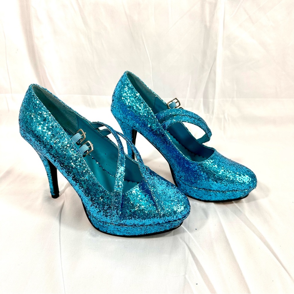 Ellie 423-Candy Platform Pumps Blue Glitter Size 9